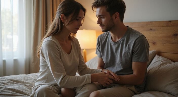 Een stel op een bed, genietend van BDSM sexcontacten België en creatieve intimiteit.