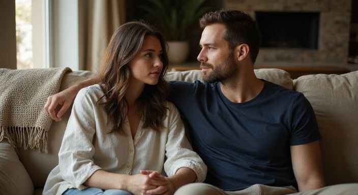 Een vrouw en man zitten samen op een beige bank, in gesprek over BDSM sexcontacten België.