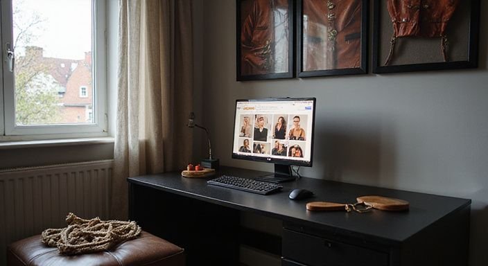 Een moderne kamer met BDSM thema, inclusief propgebruik en kunstwerken