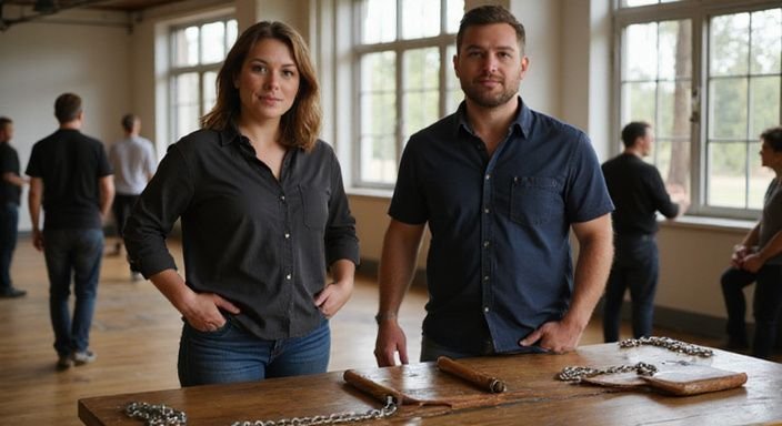 Een man en vrouw nemen deel aan een BDSM-workshop. Een man en vrouw nemen deel aan een BDSM-workshop.