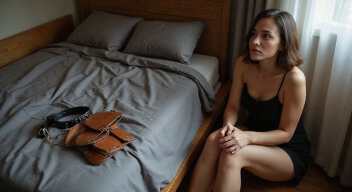 Een individueel zit in een slaapkamer met BDSM-accessoires op het nachtkastje. Een individueel zit in een slaapkamer met BDSM-accessoires op het nachtkastje.