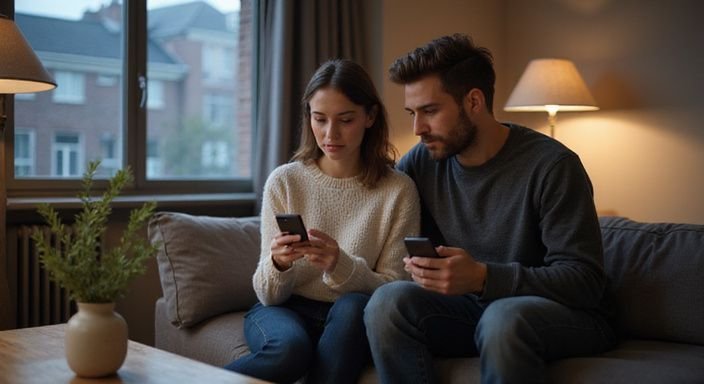 Een jong stel zit samen op een moderne bank met smartphones. Een jong stel zit samen op een moderne bank met smartphones op zoek naar Fetish Dating Vlaanderen.