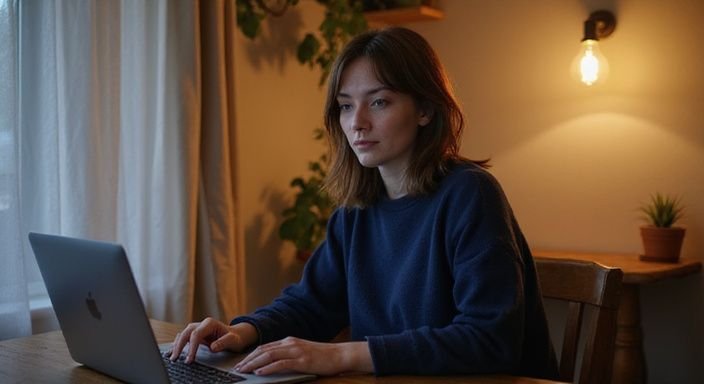 Een vrouw in een blauwe trui werkt geconcentreerd aan een laptop. Een vrouw in een blauwe trui werkt geconcentreerd aan een laptop.