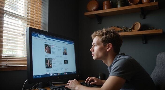 Een persoon onderzoekt BDSM-datingwebsites met accessoires op de achtergrond. Een persoon onderzoekt Fetish Dating Vlaanderen met accessoires op de achtergrond.