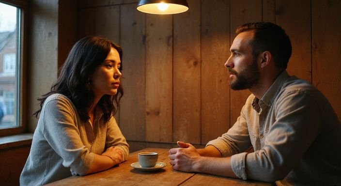 Een vrouw en een man hebben een diepgaand gesprek in een café. Een vrouw en een man hebben een diepgaand gesprek over Fetish Dating Vlaanderen in een café.