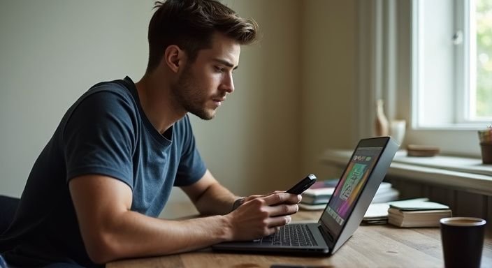 Een jonge man zit aan een bureau en gebruikt zijn smartphone. Een jonge man zit aan een bureau en gebruikt zijn smartphone voor een gay homo sexdate.