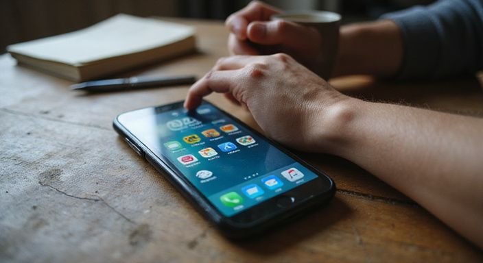 Een smartphone met datingapps op een verweerd houten bureau. Een smartphone met datingapps voor een gay homo sexdate op een houten bureau.