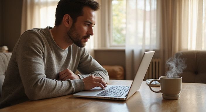 Een warme woonkamer met laptops en een dampende koffiemok. Een warme woonkamer met laptops en een dampende koffiemok.