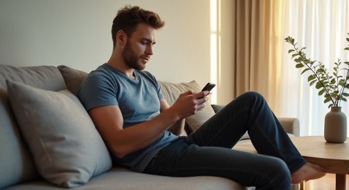 Een man in casual kleding zit ontspannen op een bank. Een man in casual kleding zit ontspannen op een bank.