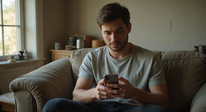 Een jonge man zit op een versleten bank en kijkt naar zijn telefoon. Een jonge man zit op een versleten bank en kijkt naar zijn telefoon naar een gay homo sexdate.