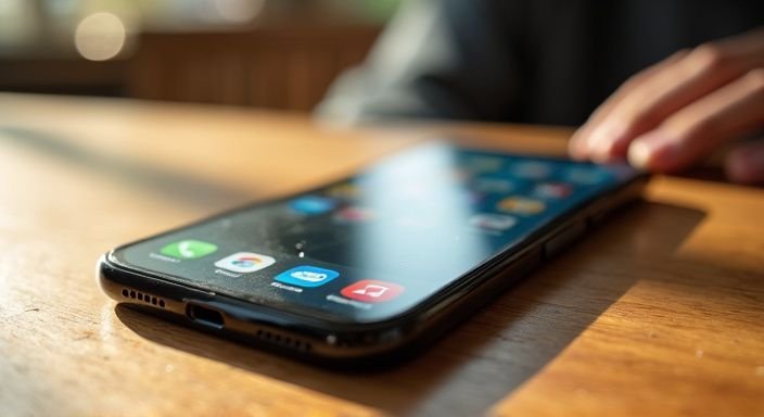 Een smartphone met dating-apps ligt op een houten tafel. Een smartphone met dating-apps ligt op een houten tafel.