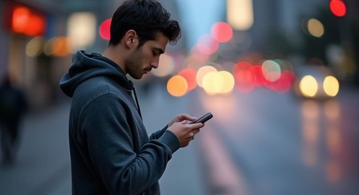 Een jonge man in een hoodie kijkt geconcentreerd naar zijn smartphone. Een jonge man in een hoodie kijkt geconcentreerd naar zijn smartphone.