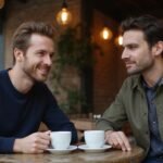 Twee mannen genieten een ontspannen gesprek aan een houten tafeltje