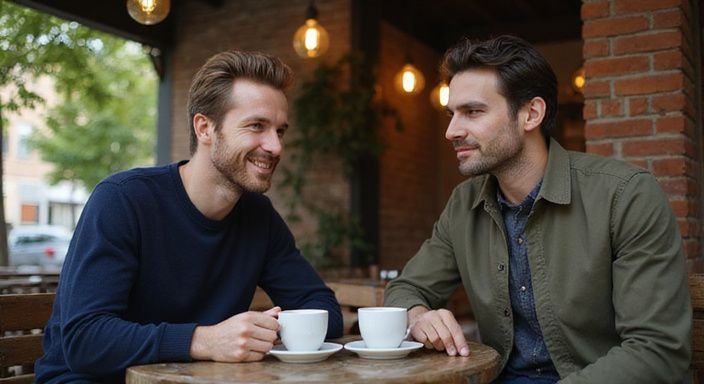 Twee mannen genieten een ontspannen gesprek aan een houten tafeltje