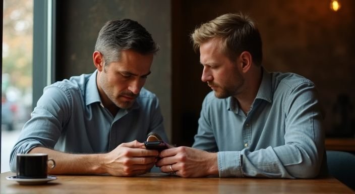Twee mannen delen een intiem gesprek in een café. Twee mannen delen een intiem gesprek over hun gay homo sexdate in een café.