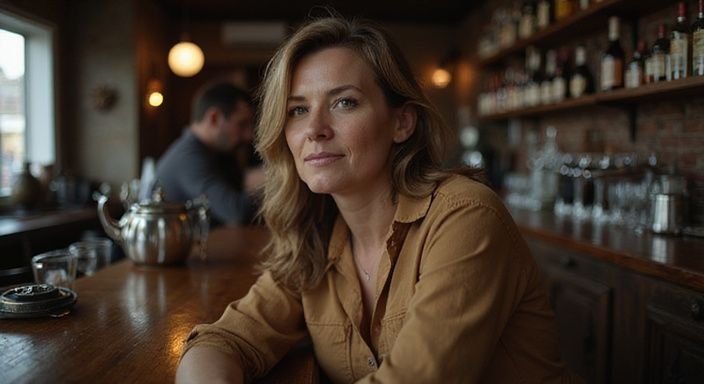 Een middelbare vrouw in een gezellige pub, diep in gedachten. Een middelbare vrouw in een gezellige pub, diep in gedachten.