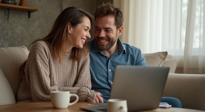 Café met een stel dat geniet van elkaars gezelschap en een laptop. Café met een stel dat geniet van geheim sexcontact in Vlaanderen.