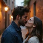 Geheim Sexcontact in Vlaanderen: Ontdek Spannende Mogelijkheden! Een jong stel deelt een tedere kus in een steeg