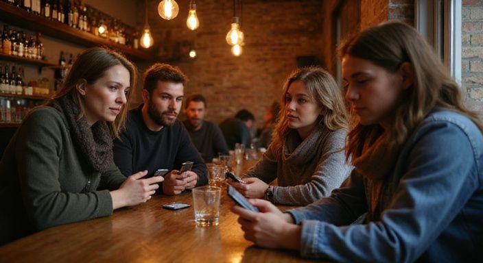 Een groep volwassenen in een gezellige bar bespreekt plannen. Een groep volwassenen in een gezellige bar bespreekt plannen voor geheim sexcontact in Vlaanderen.