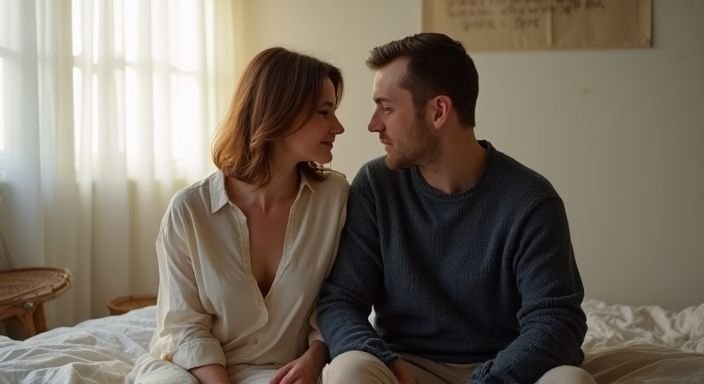 Een vrouw en man delen een intiem moment op een bed. Een vrouw en man delen een intiem moment op een bed.