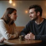 Geheime sexdate voor een spannend avontuur Twee jongeren delen een intiem gesprek in een café