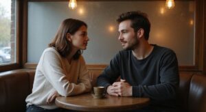 Twee jongeren delen een intiem gesprek in een café