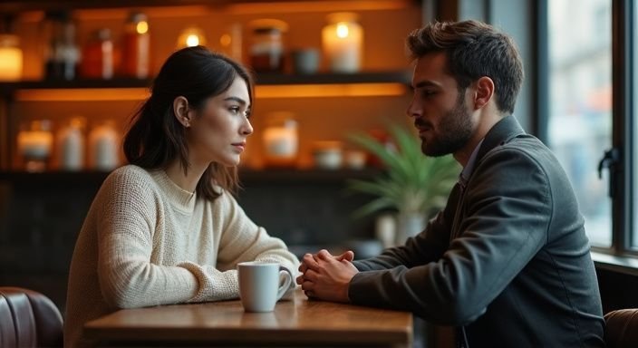 Een vrouw en een man hebben een intense conversatie in een café. Een vrouw en een man hebben een intense conversatie in een café.