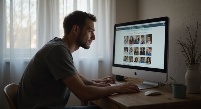 Een persoon in de dertig werkt geconcentreerd achter een bureau. Een persoon in de dertig zoekt achter een bureau naar profielen voor een geheime sexdate.