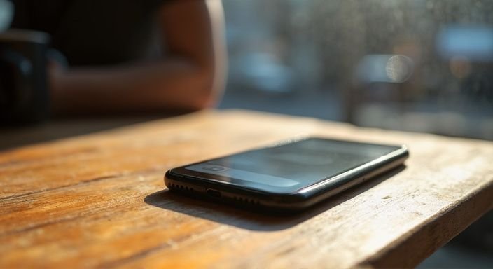 Een versleten houten café tafel met een smartphone en rustige sfeer. Een versleten houten café tafel met een smartphone en rustige sfeer.