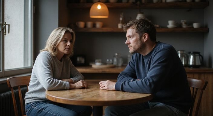 Twee mensen zitten gespannen tegenover elkaar in een café. Twee mensen zitten gespannen tegenover elkaar in een café.