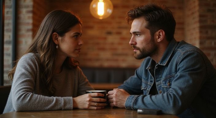 Een man en vrouw delen een intiem gesprek in een café. Een man en vrouw delen een intiem gesprek over een geheime sexdate in een café.