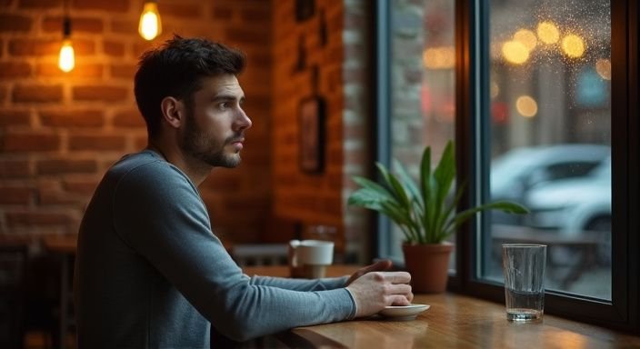 Een man in een café, zichtbaar gespannen en observerend. Een man in een café, zichtbaar gespannen en observerend.