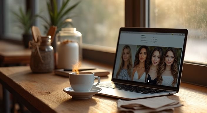 Een gezellige café interieur met koffie, een laptop met profielen voor getinte vrouwen sexcontact Vlaanderen.