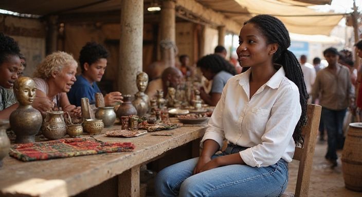 Een vrouw zit ontspannen in een drukke multiculturele markt. Een vrouw zit ontspannen in een drukke multiculturele markt.