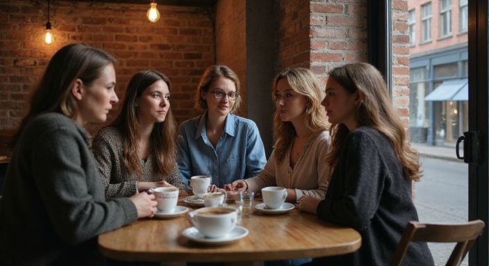 Een groep vrouwen bespreekt levendig in een café. Een groep vrouwen bespreekt getinte vrouwen sexcontact Vlaanderen in een café.