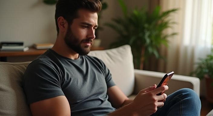 Een man scrollt op zijn smartphone terwijl hij ontspannen op een bank zit. Een man scrollt op zijn smartphone terwijl hij ontspannen op een bank zit.