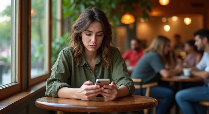 Een vrouw in een café, scrollend op haar smartphone. Een vrouw in een café zoekt op haar smartphone naar getinte vrouwen sexcontact Vlaanderen.