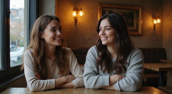 Twee vrouwen lachen samen aan een verweerd houten café tafel en willen een jonge vrouwen sexdate.