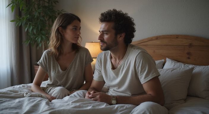 Een man en vrouw zitten tegenover elkaar op een bed.