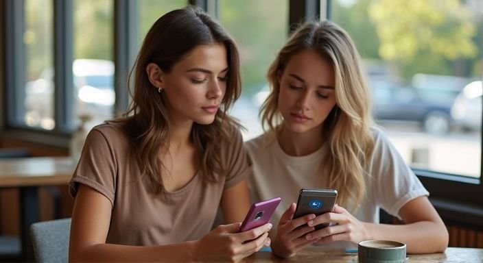 Twee jonge vrouwen zitten samen in een café en kijken op hun smartphones.