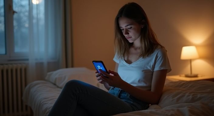 Een jonge vrouw kijkt geconcentreerd naar haar smartphone op bed.