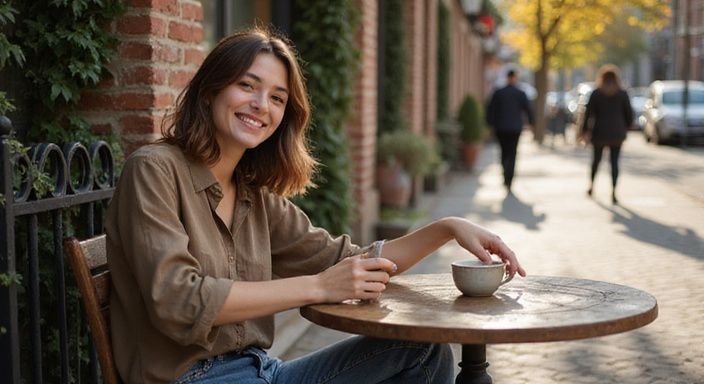 Een jonge vrouw lacht ontspannen met een koffie in een café.