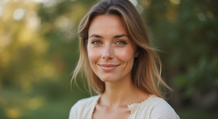 Een vrouw in een blouse glimlacht vriendelijk in de natuur