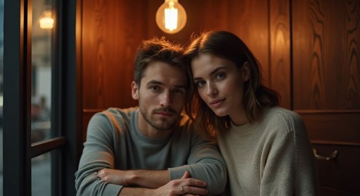 Een man en vrouw zitten intiem aan een houten tafel in een café.