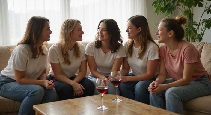 Vijf vrouwen delen intieme gesprekken op een gezellige bank.