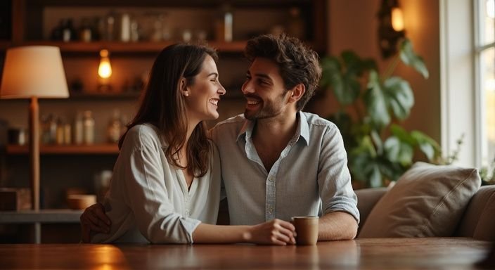 Twee koppels delen intieme momenten in een gezellige omgeving.