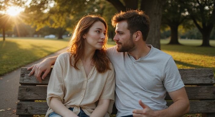 Een vrouw en man zitten intiem samen op een parkbank en genieten van hun jonge vrouwen sexdate.