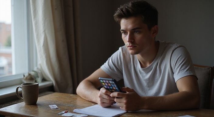 Een persoon zit aan een houten bureau en kijkt bedachtzaam naar een smartphone op zoek naar eenjonge vrouwen sexdate.