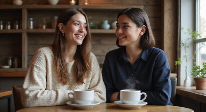 Twee vrouwen genieten van een gesprek over een lesbische vrouwen sexdate in een gezellige café