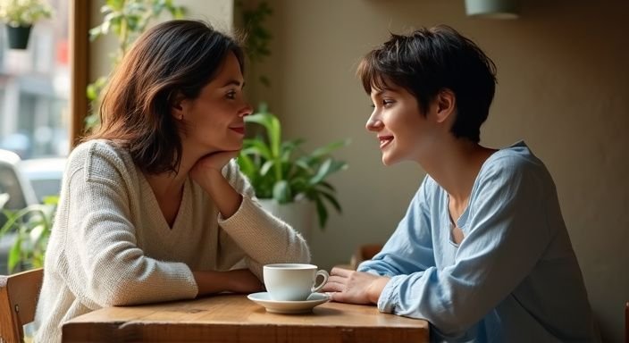 Twee vrouwen delen een intiem gesprek aan een houten cafétafel. Twee vrouwen delen een intiem gesprek aan een houten cafétafel.
